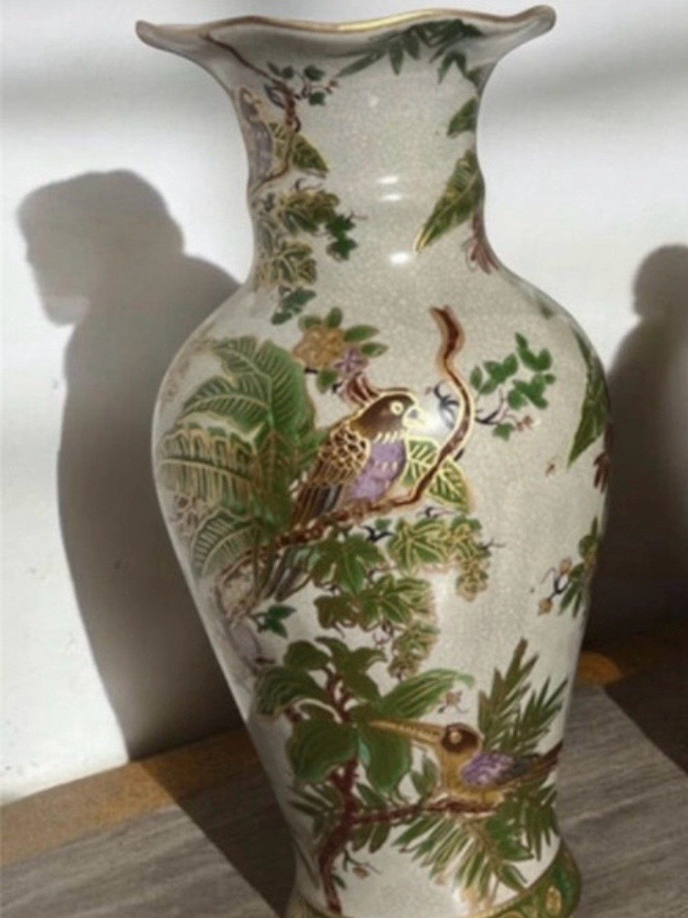 Hand painted  Ceramic Vase with Green and Gold Bird Motif - Satsuma Style